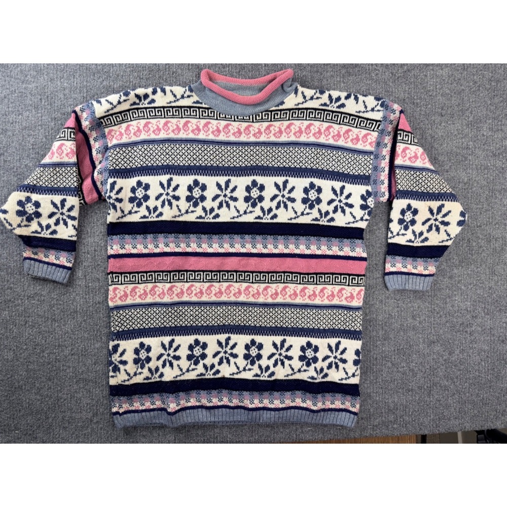 Vintage Cut 4 U Sweater Womens OSFA Pink Blue Floral Fair Isle Knit USA Made 90s